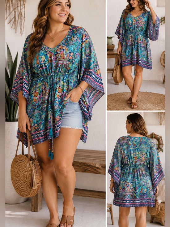 Kanha Exports Tops - Kanha Exports Boho Paisley Rayon Tunic Large Kimono Sleeve Resortwear
